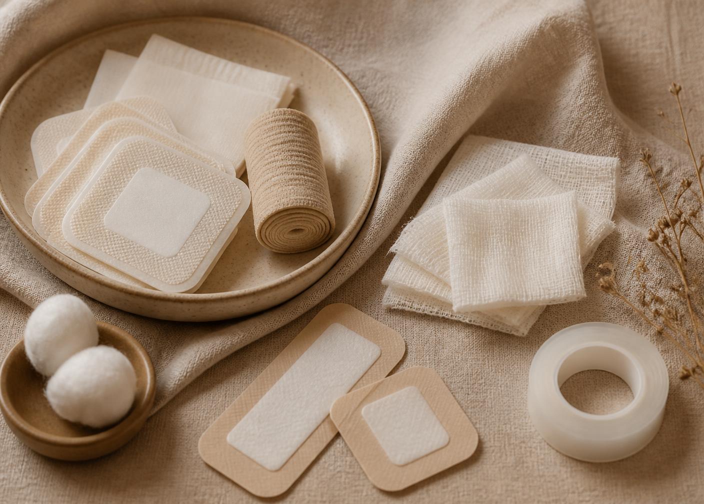 Coberturas e materiais de curativo dispostos sobre tecido bege